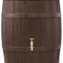 Dunkelbraune Garantia Regentonne Barrica 420 l in Holzfass-Optik mit goldenem Wasserhahn.