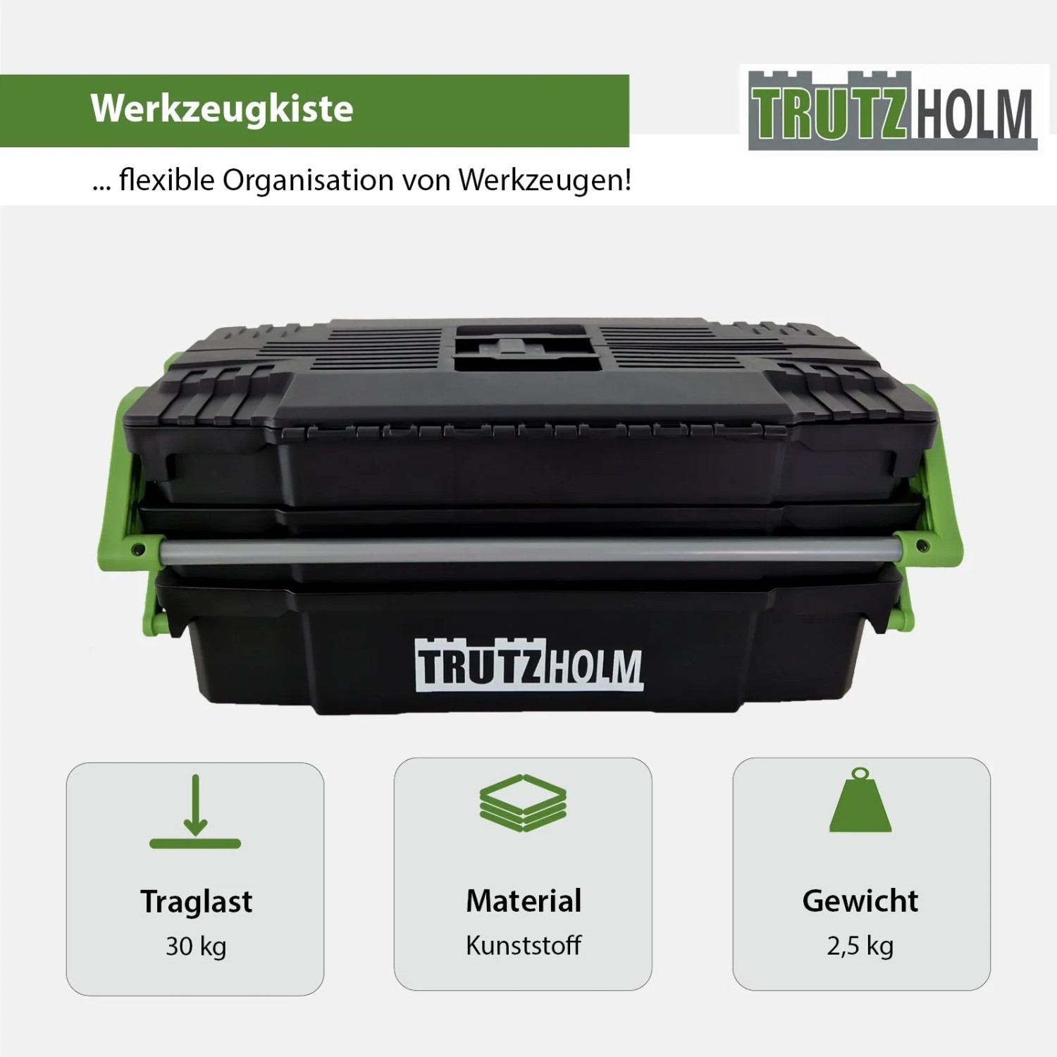 TRUTZHOLM Werkzeugkiste aus Kunststoff mit Stahlgriffen, leer. Ideal für Werkzeug-Sets.