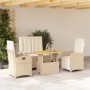Beige 4-tlg. Garten-Essgruppe aus Polyrattan mit Kissen. Gartenmöbel-Set mit verstellbarem Tisch und Sesseln.