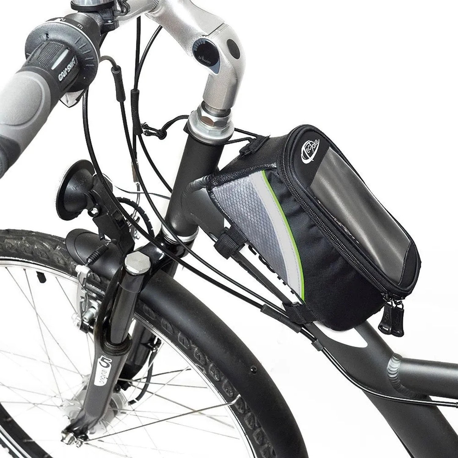 Tectake Fahrradtasche am Fahrradrahmen mit Touchdisplay-Fach für Smartphones.