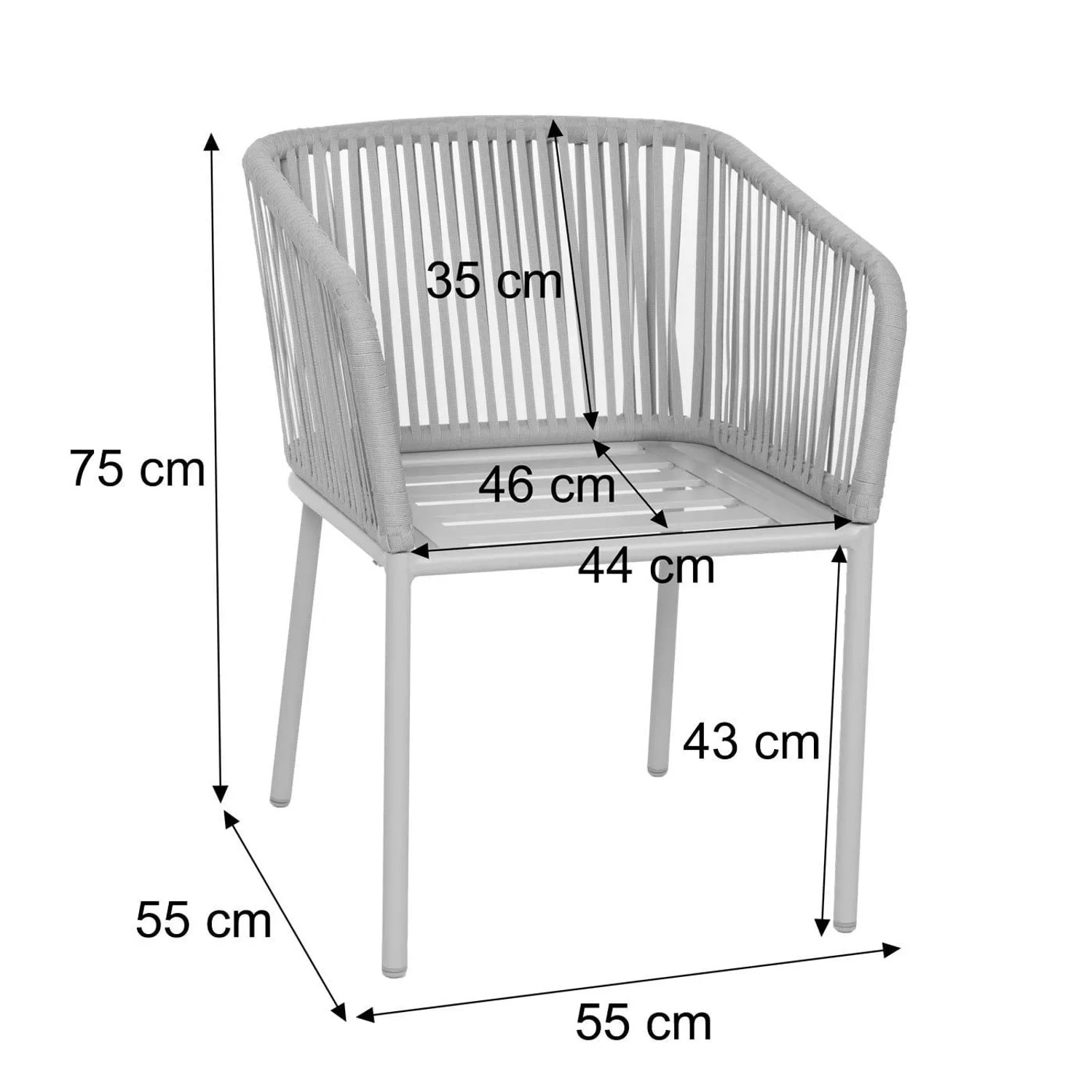 MCW Gartenstuhl N41 Anthrazit mit Seilgeflecht, Aluminiumgestell. Ansicht mit Maßen.