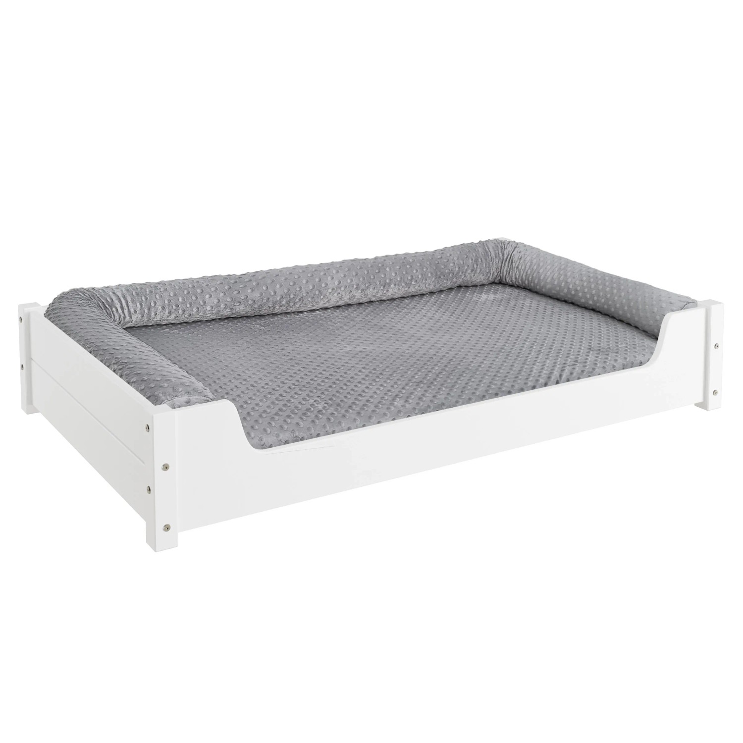 Weißes XXL Hundesofa aus Kiefernholz mit Rollrost und grauer Matratze (120x70 cm).