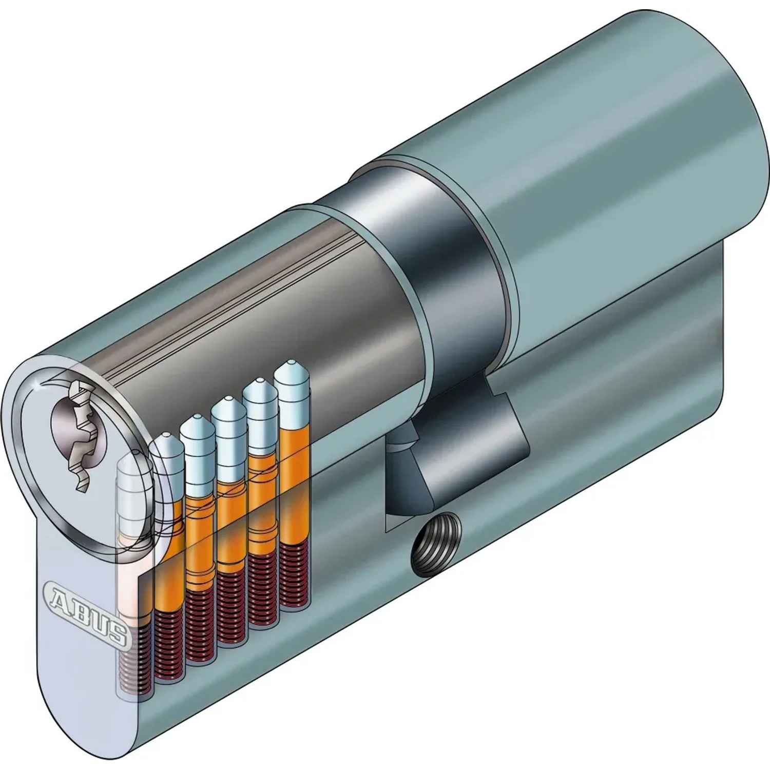 Abus Profilzylinder E30NP 45/45, Schnittansicht mit Stiften und Federn.