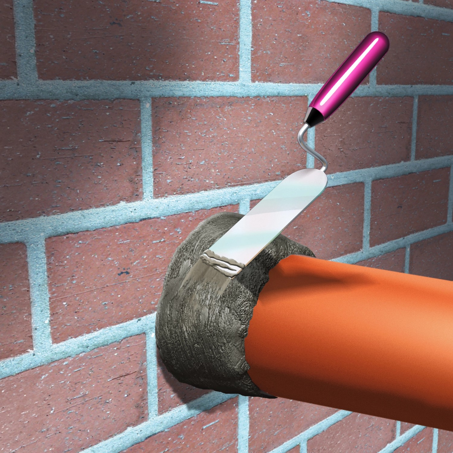 Anwendung von MEM Reparatur-Mörtel flexibel zum Abdichten eines Rohrs an einer Ziegelwand.