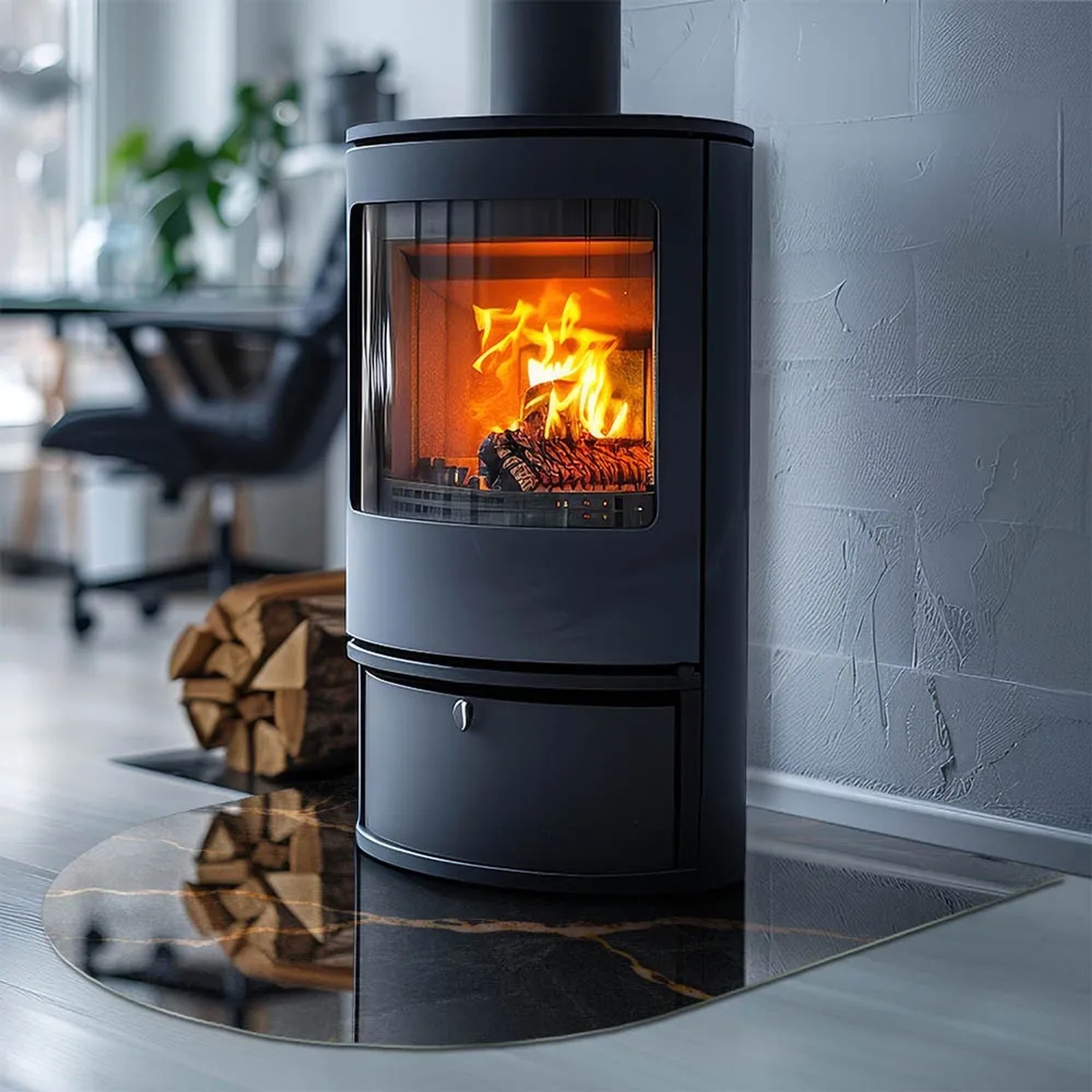 Halbkreisförmige Funkenschutzplatte aus Glas mit Marmor-Optik unter Kaminofen.