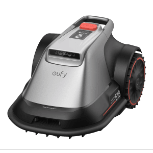 Eufy Mähroboter E18 für Rasenflächen bis 1200 m², silberfarben, mit großem "STOP" Knopf.