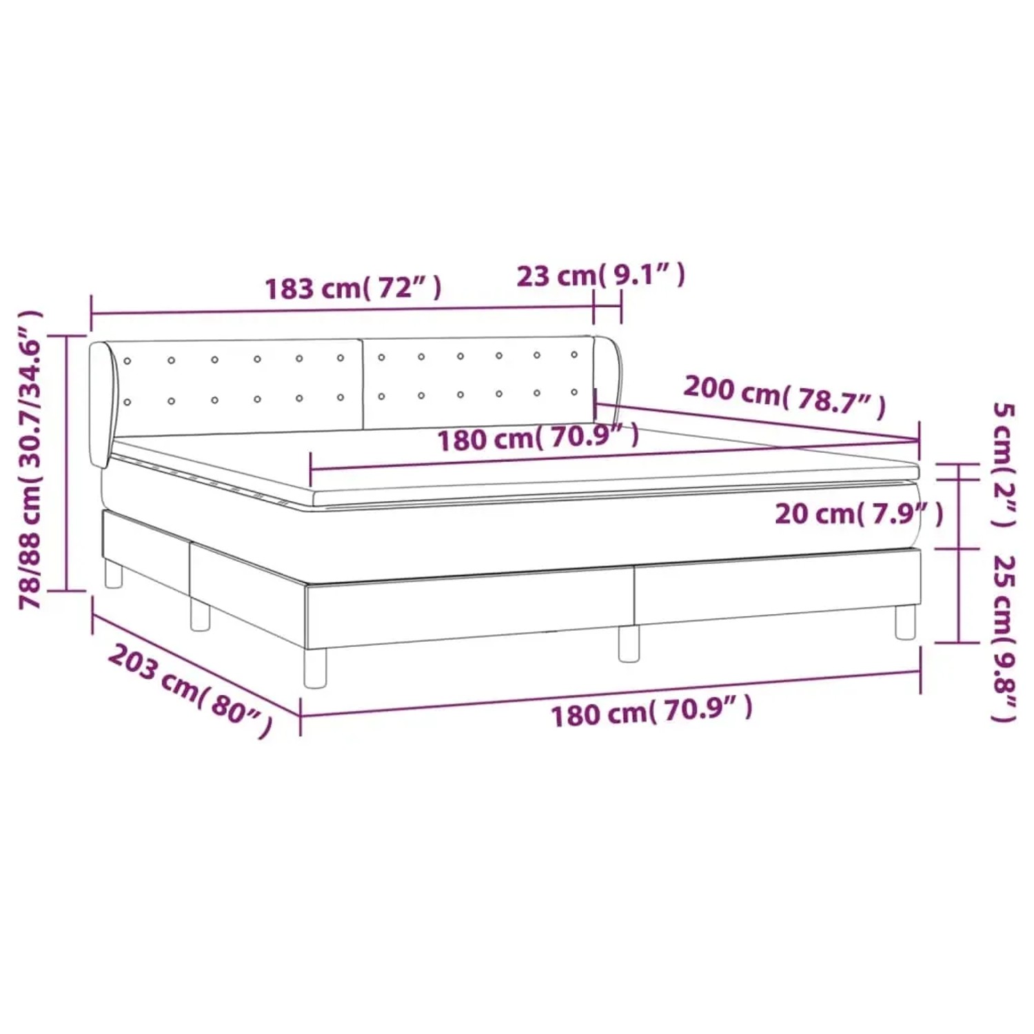 vidaXL Boxspringbett rosa (180x200 cm) mit Matratze und Maßangaben.