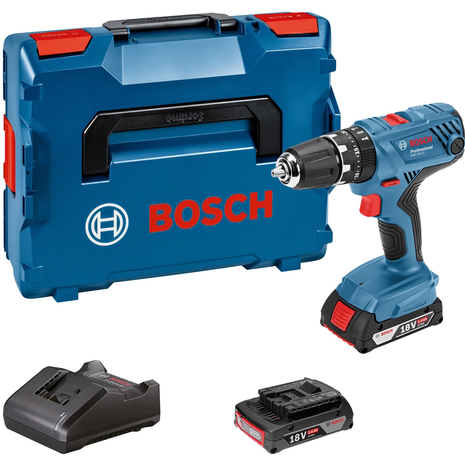 Bosch Professional Akku-Schlagbohrschrauber-Set mit Koffer, zwei Akkus und Ladegerät.