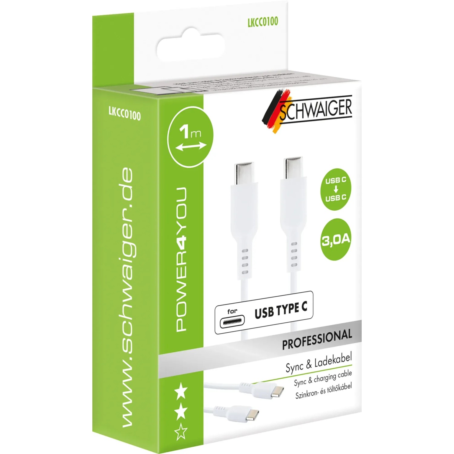 Schwaiger USB-C Sync- und Ladekabel, weiß, in Produktverpackung.