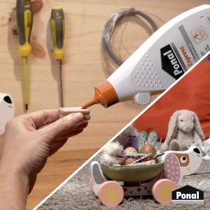 Anwendung von Ponal Express Holzleim aus der 550g Flasche beim Basteln mit Holz.