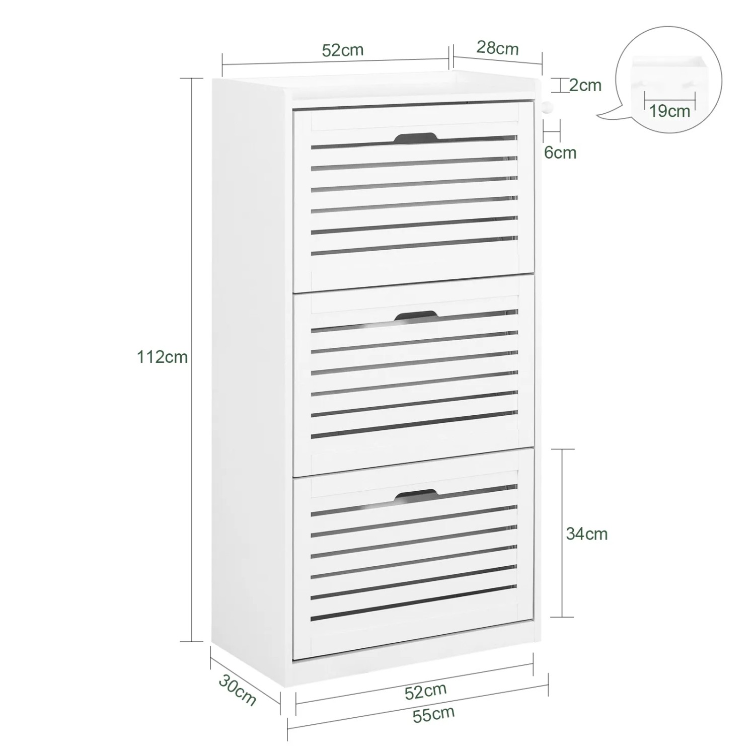Weißer SoBuy Schuhschrank FSR108-W mit 3 Klappen und Haken, Maße eingezeichnet.