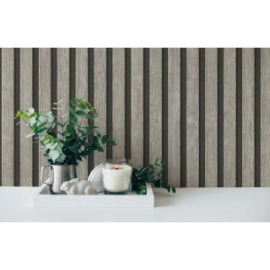 Graue Akustikpaneele Tapete in Holzoptik mit 3D Effekt für Wohnzimmer und Büro.