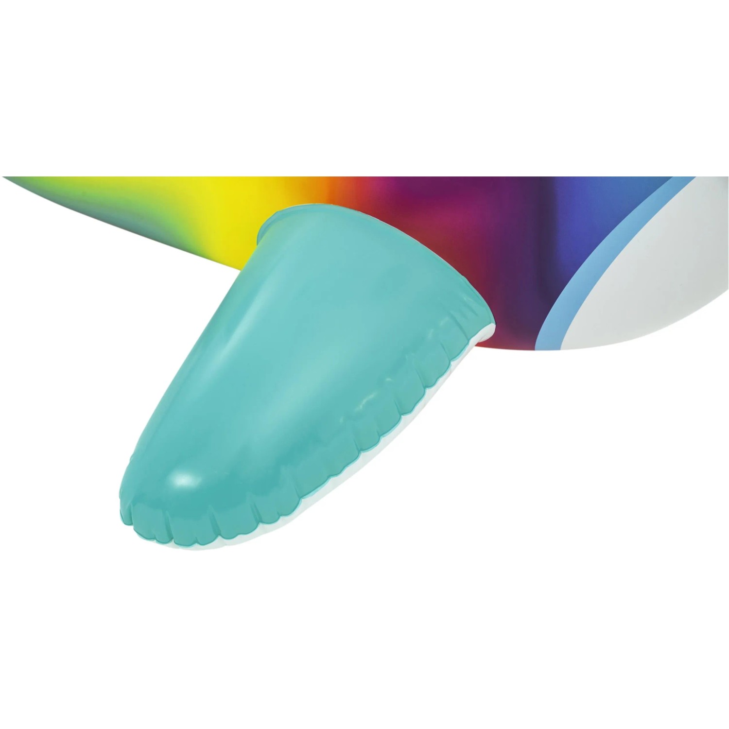 Detailaufnahme: Türkisfarbener Griff am Bestway Schwimmtier Robbe mit Regenbogenfarben.