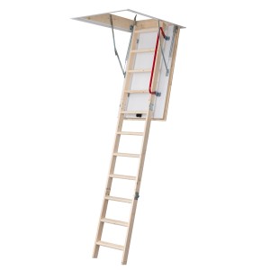 Geöffnete, 3-teilige Dolle Bodentreppe Isotrend aus Fichte mit Handlauf.