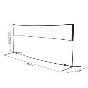 Schwarzes HOMCOM Badmintonnetz aus PE und Metall, höhenverstellbar 94-158 cm, 400 cm breit, für Spiel & Spaß.