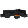 Schwarzes 9-teiliges Garten-Sofa-Set aus Polyrattan mit Akazienholztisch für den Außenbereich.