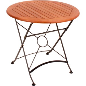 Runder, brauner Klapptisch aus Holz und Metall, Teil des 5-teiligen Gartenmöbel-Sets Wien von Garden Pleasure.