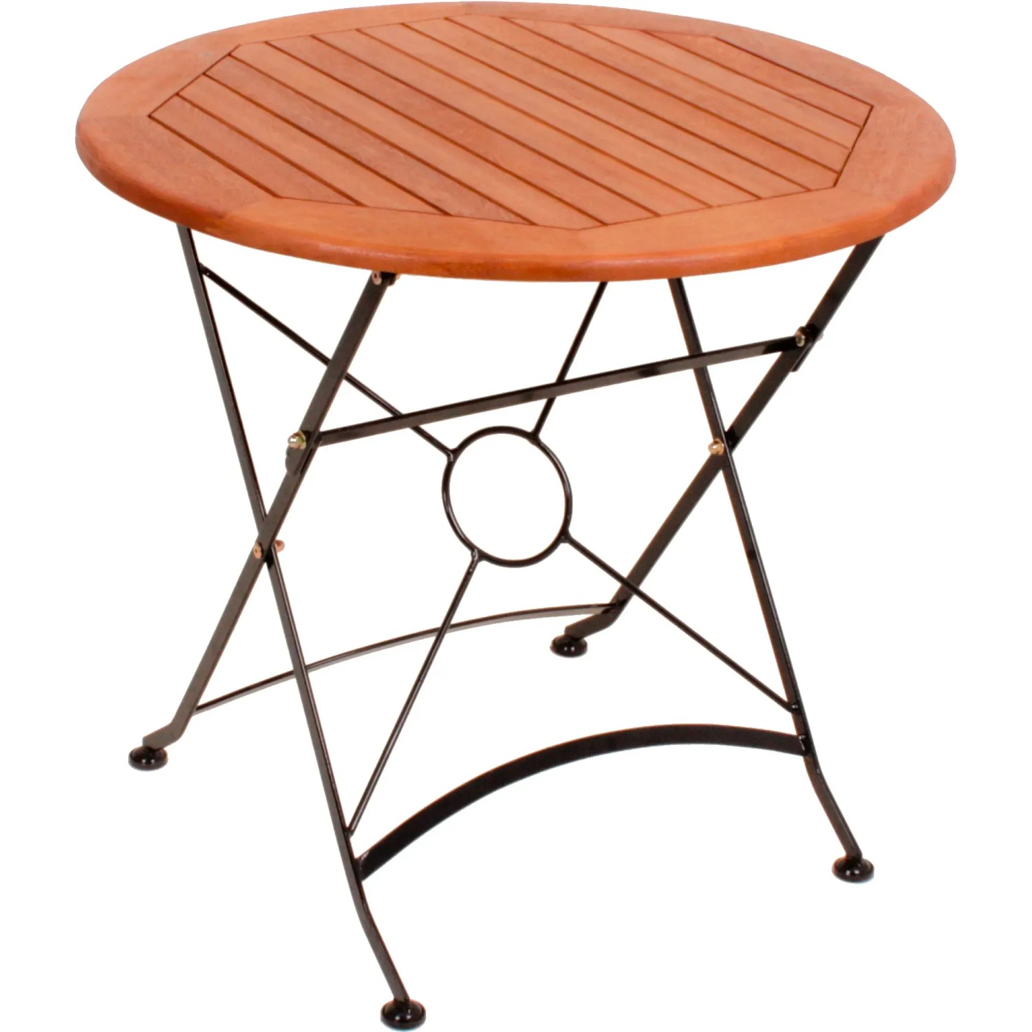 Runder, brauner Klapptisch aus Holz und Metall, Teil des 5-teiligen Gartenmöbel-Sets Wien von Garden Pleasure.