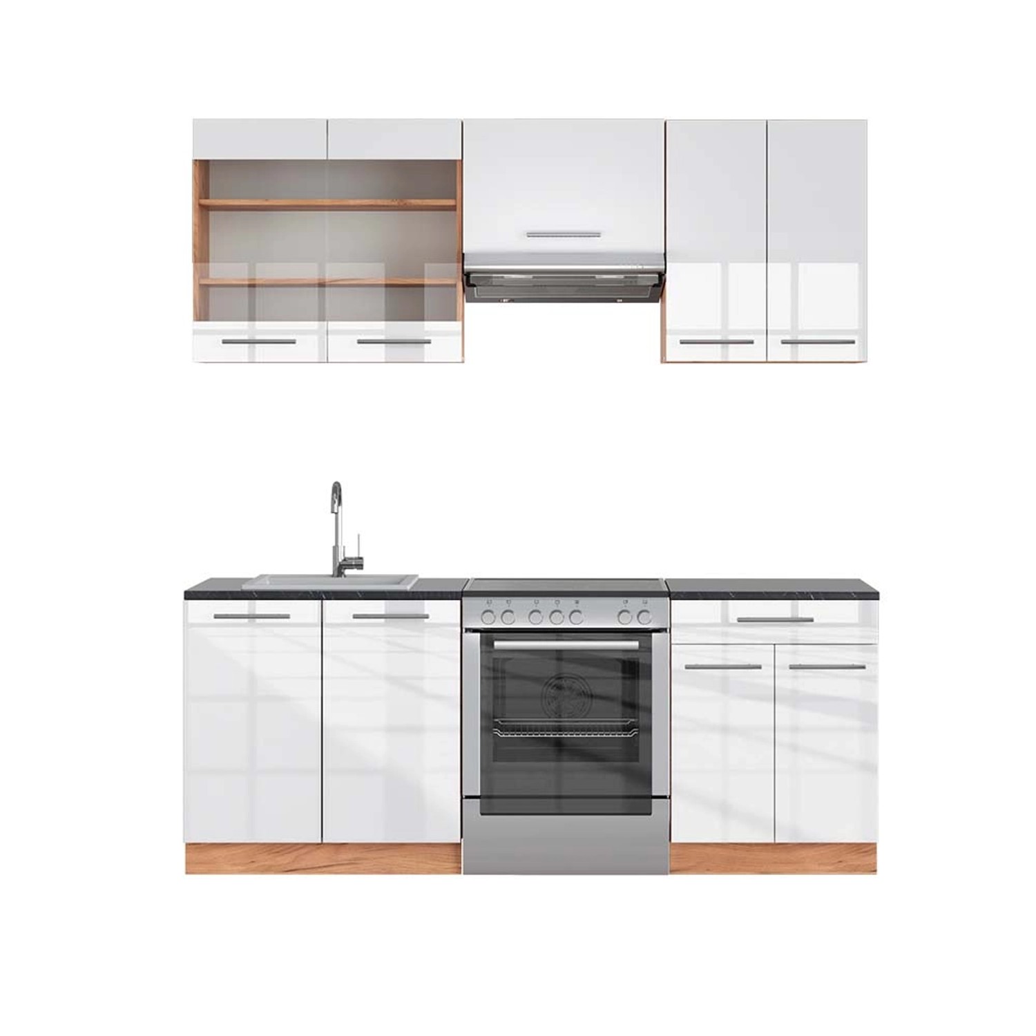 Vicco Fame-Line Küchenschränke Weiß Hochglanz/Goldkraft Eiche 200 cm AP Ant günstig online kaufen