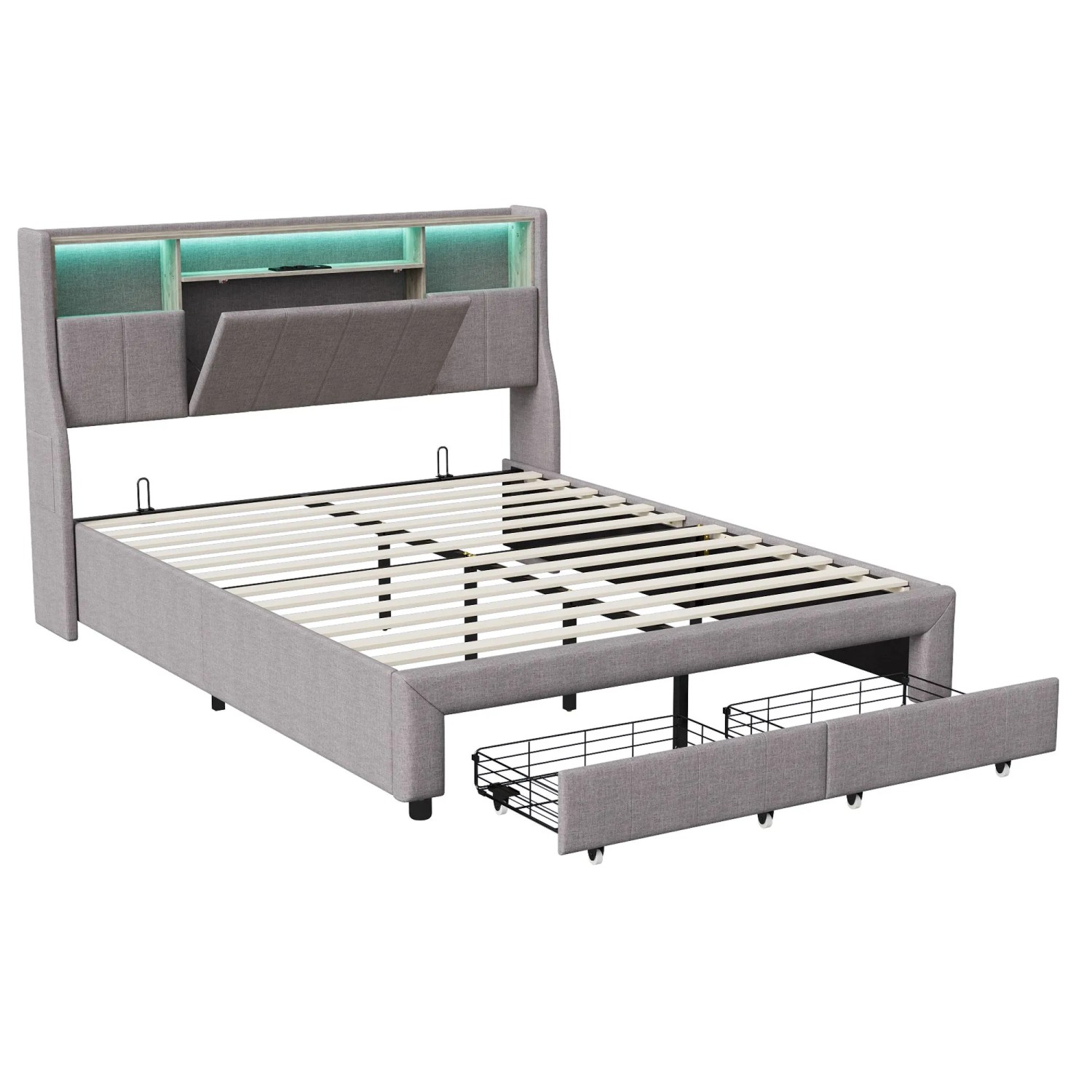 PXloue Stauraumbett Doppelbett 140X200 mit Schubladen&Ladestation Stauraum Kopfteil Grau