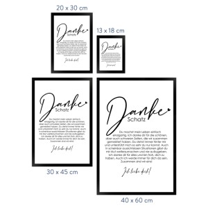 Gerahmtes Poster "Danke Schatz" in verschiedenen Größen. Geschenkidee für Partner.
