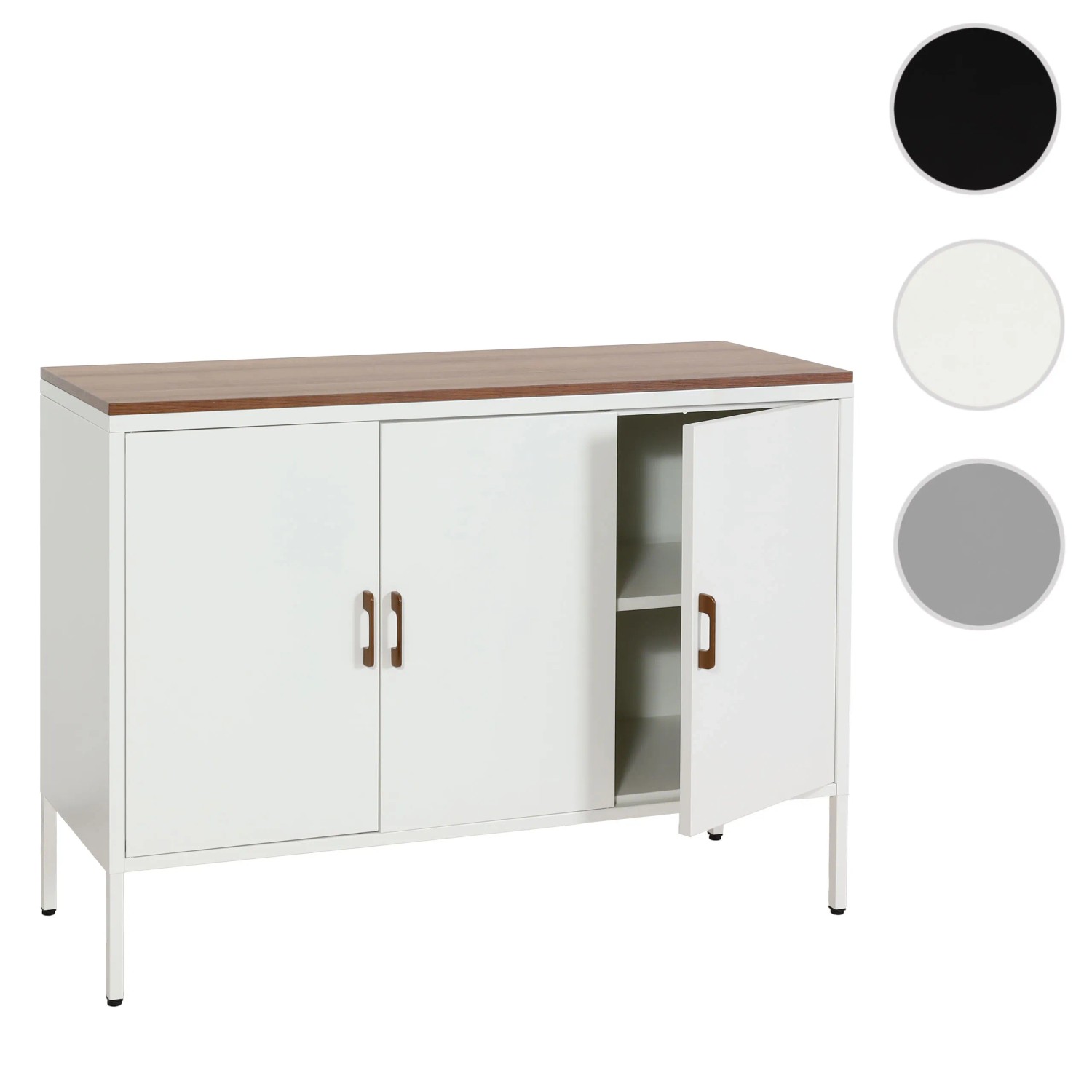 Weiße MCW Kommode L84-3 mit Holzplatte, 3 Türen und Einlegeböden. Schubladenkommode für Wohnzimmer und Flur.