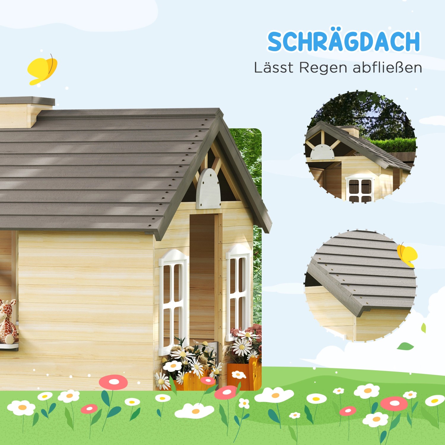Outsunny Kinderspielhaus aus Holz mit grauem Dach, weißen Fenstern und Blumenkästen.