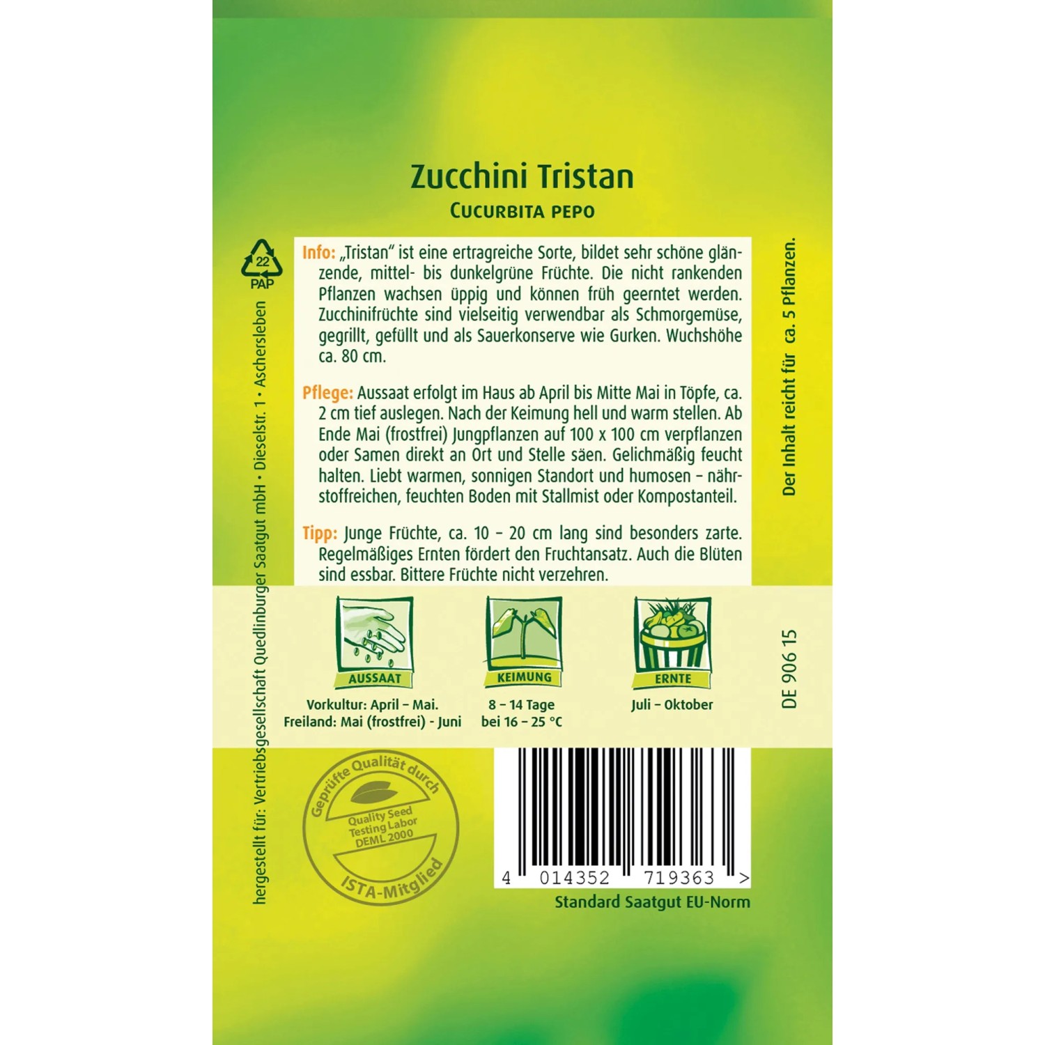 Samenpackung Quedlinburger Zucchini 'Tristan', F1-Hybride für ertragreichen Anbau.