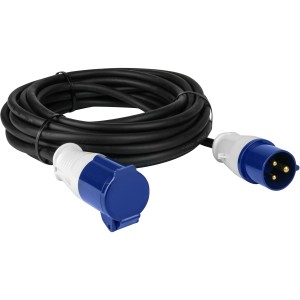 Schwarzes CEE Verlängerungskabel, 10 m, mit blau-weißem Stecker und Buchse für Autoanhänger.