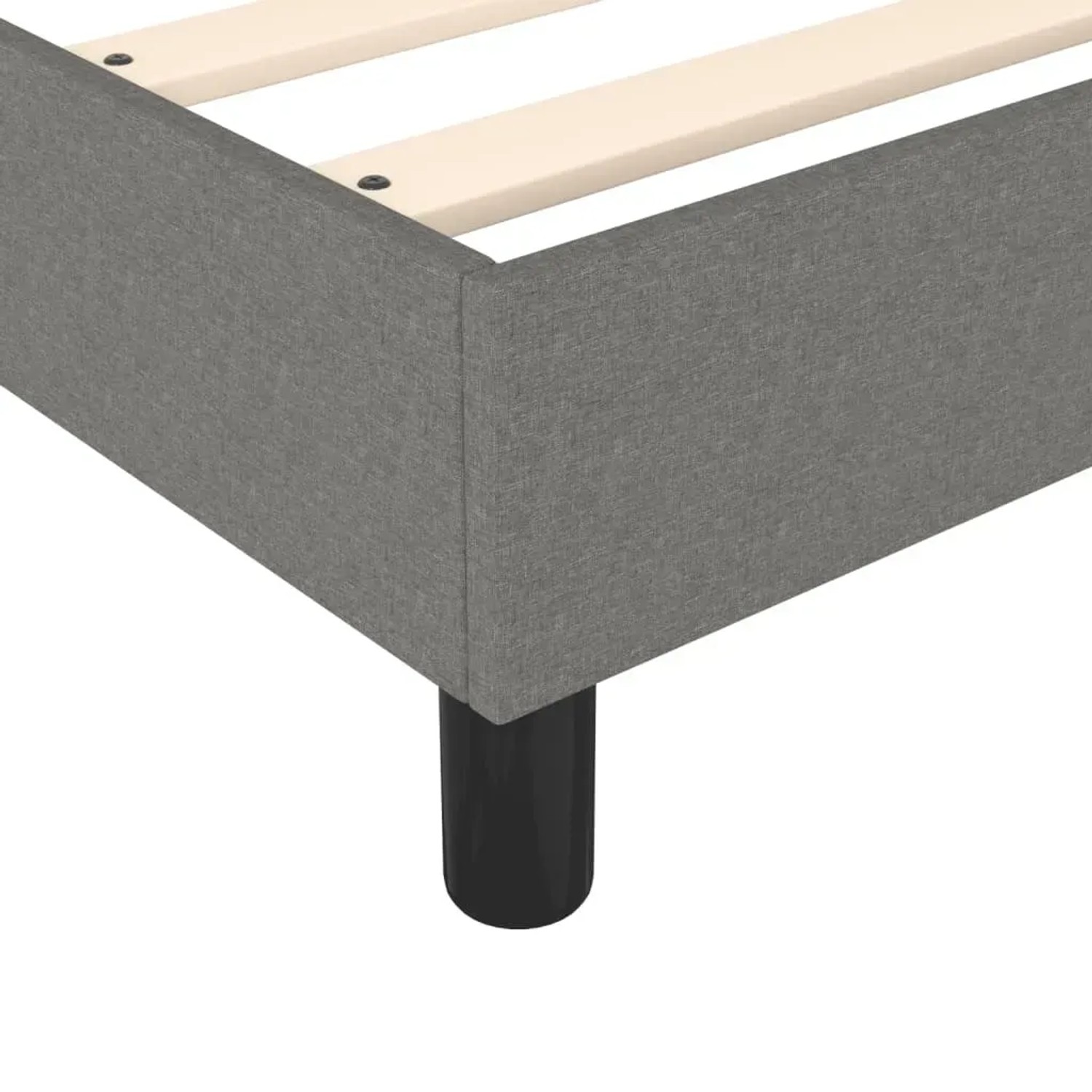 Detailansicht Boxspringbett, dunkelgrauer Stoffbezug, schwarze Füße, Holzlattenrost.