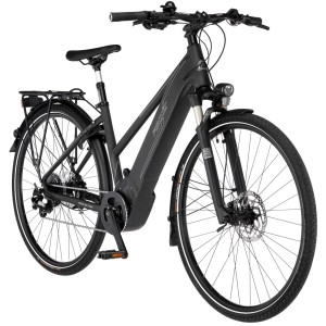 Schwarzes Fischer E-Bike Viator 6.0i mit Trapezrahmen und Brose Mittelmotor.