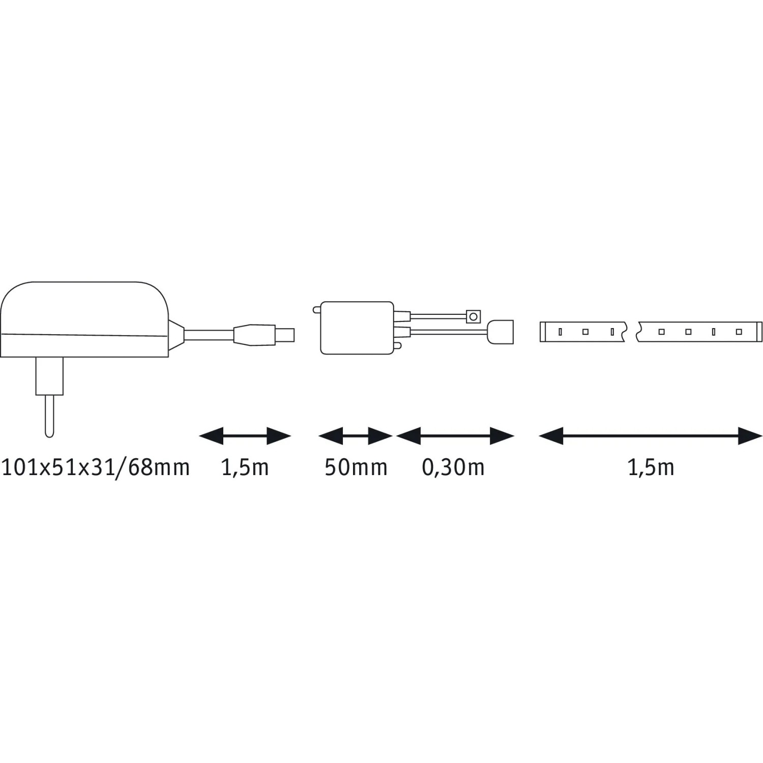 Schemazeichnung Paulmann SimpLED Strip 1,5m RGB mit Maßen von Netzteil, Stecker und LED-Band.