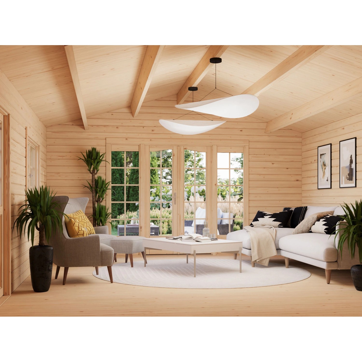 Innenansicht Palmako Irene Holz-Gartenhaus mit Satteldach und Einrichtung.
