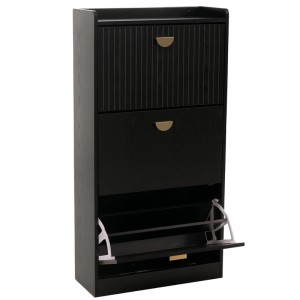 Schwarzer MCW Schuhschrank O39 Holzoptik mit 3 Klappfächern, Lamellen-Design, goldfarbenen Griffen. Unten offen.