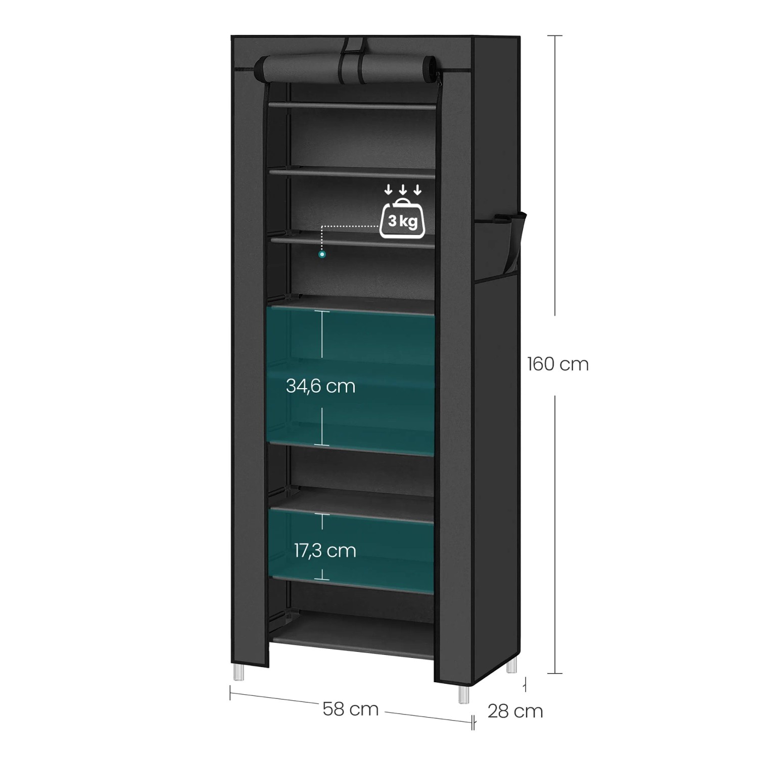 Schwarzes Songmics Schuhregal mit 10 Ebenen, 160x58x28 cm, mit Stoffbezug.