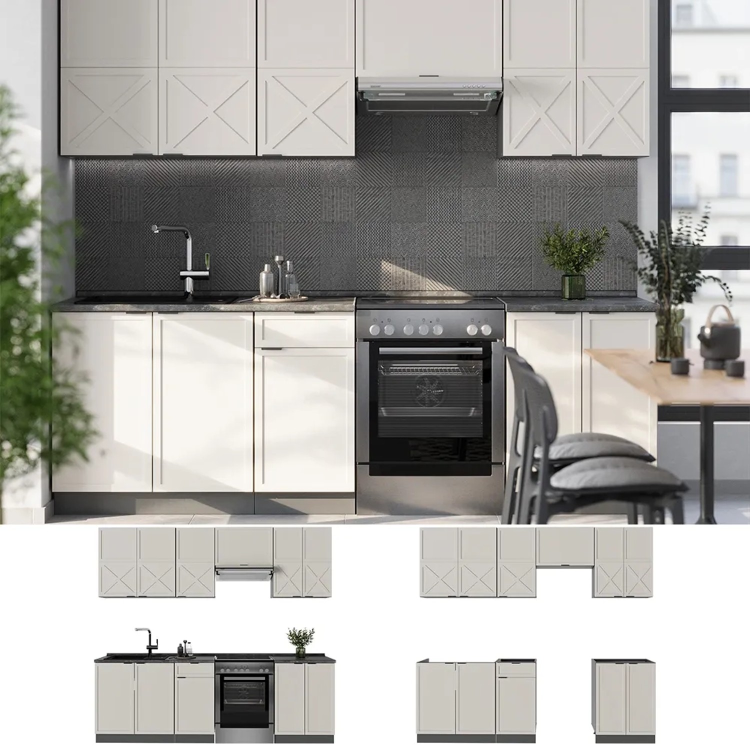 Vicco Fame-Line Küchenzeile in GrauBeige/Anthrazit mit Marmor Arbeitsplatte, 240 cm breit.
