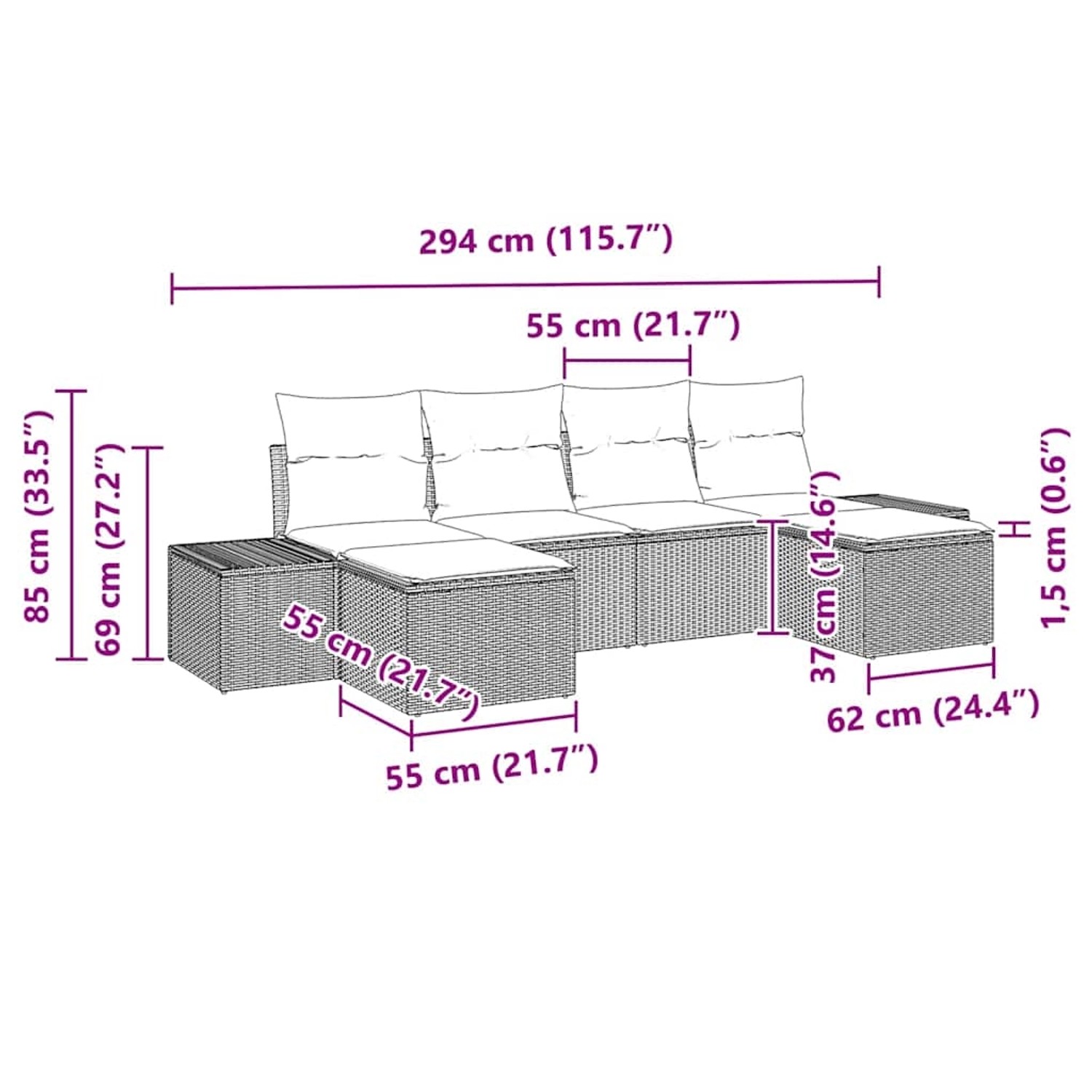Graues 6-tlg. vidaXL Garten-Sofa-Set aus Poly Rattan mit Maßen.