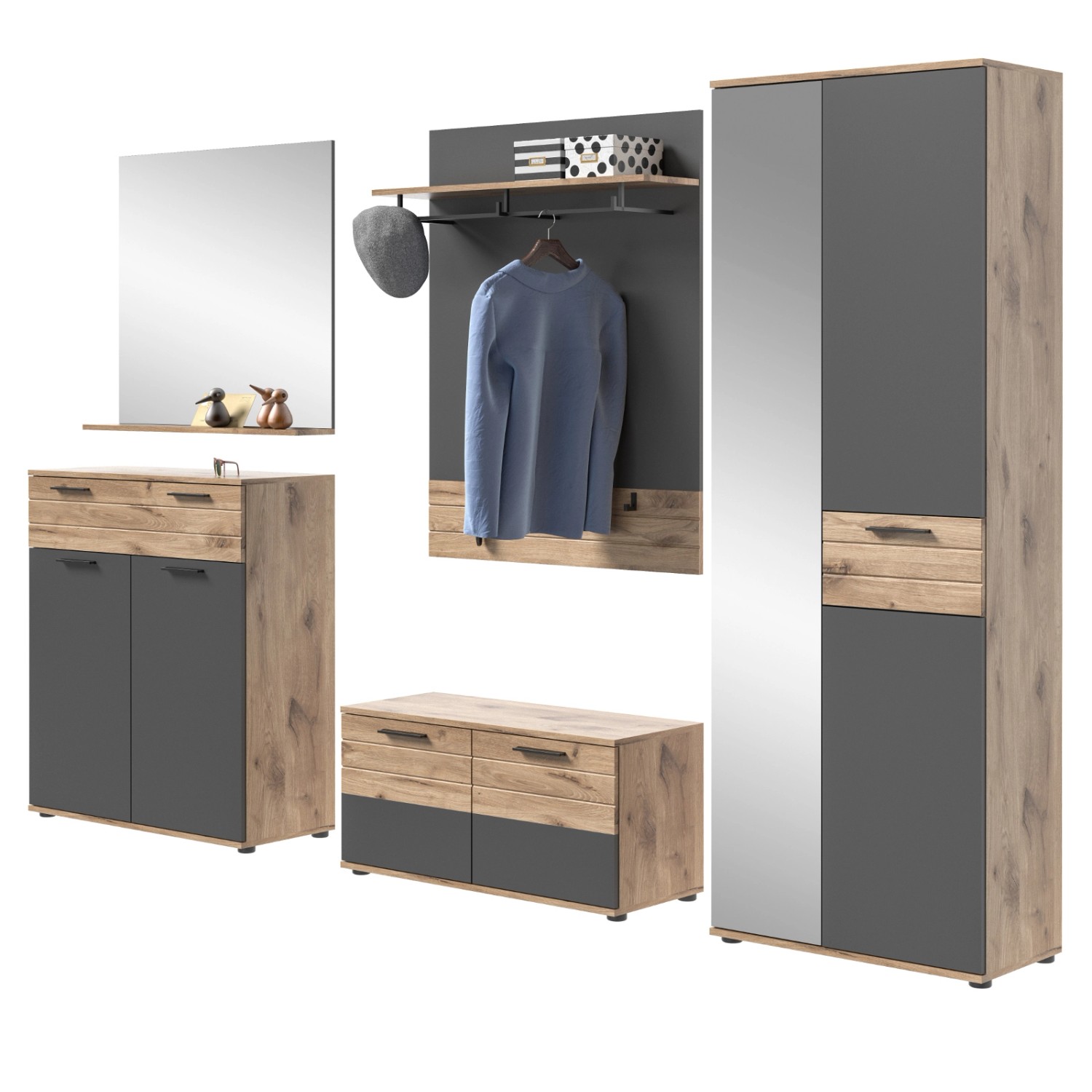 Inn.Furn Garderoben-Set Eiche Grau 5-teilig 280 cm mit Soft-Close Tomaso günstig online kaufen