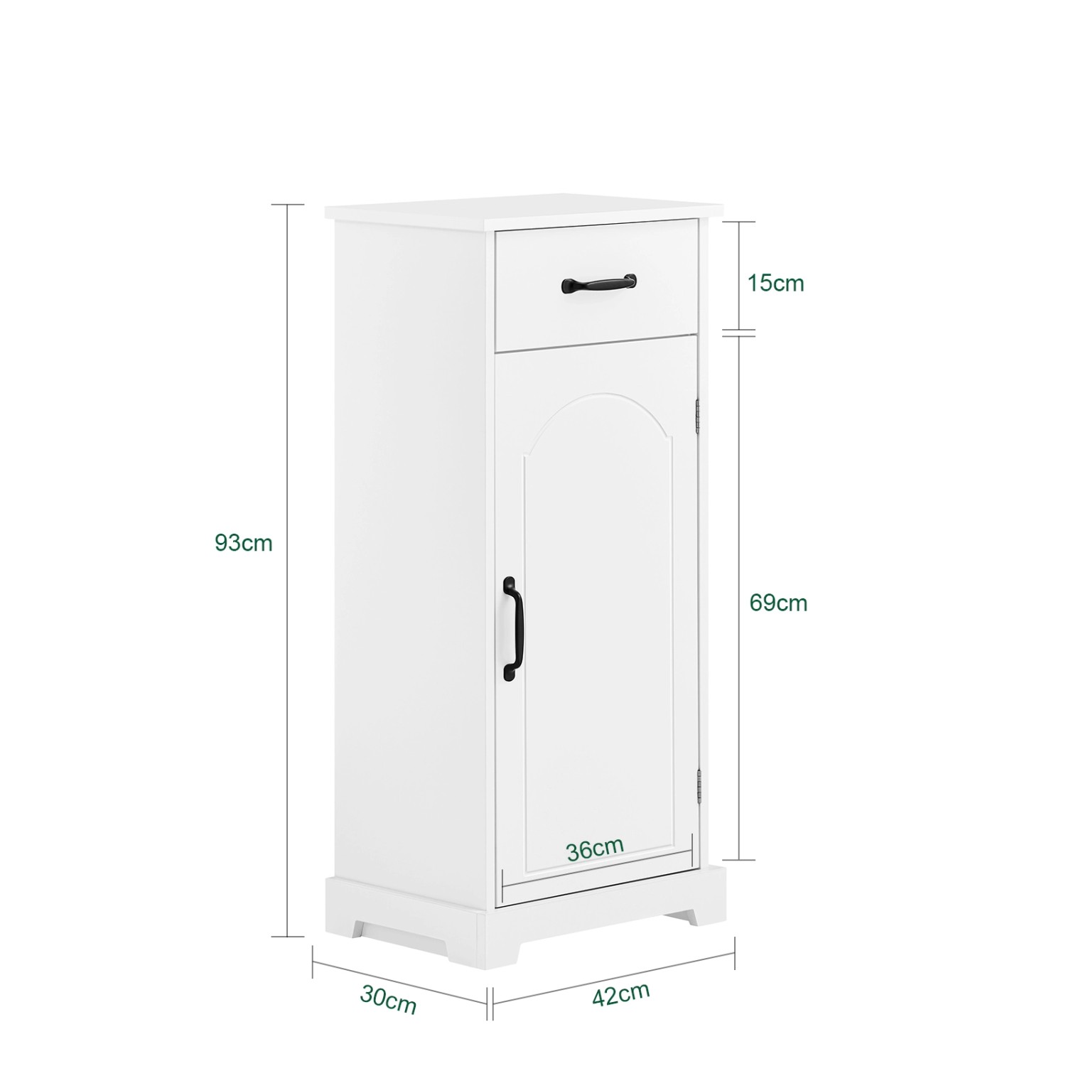 Weißer SoBuy Badezimmerschrank (42x93x30cm) mit Schublade und Tür, ideal für kleine Bäder.