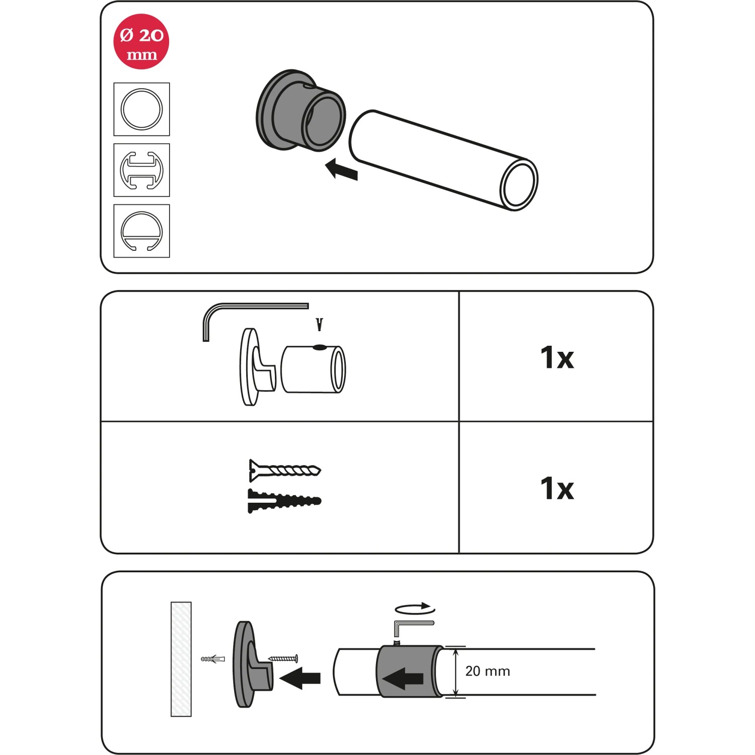 Gardinia Wandlager Chicago, schwarz-matt, Montageanleitung für Stilgarnituren Ø 20 mm.