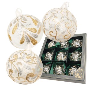 9-tlg. Set transparenter Weihnachtskugeln aus Glas, 8cm, mit gold-silbernem Glitzer-Blumendekor.