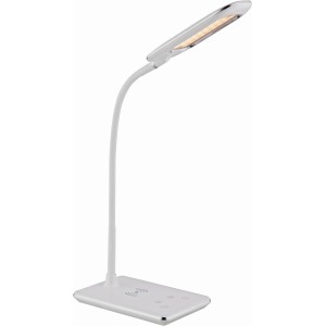 Weiße LED-Tischleuchte HEKLA aus Kunststoff mit Touchdimmer und USB-Anschluss.