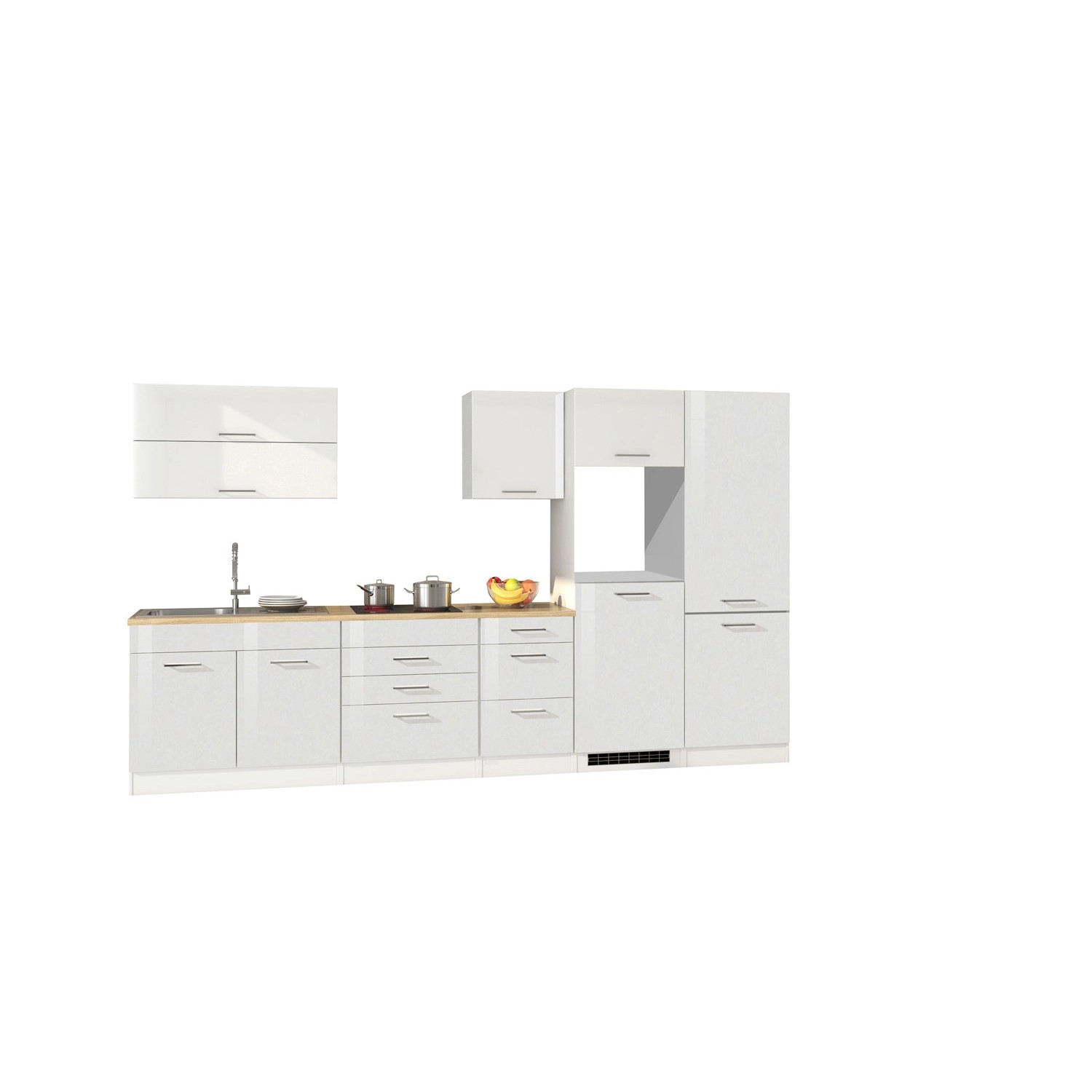 Moderne, weiße Küchenzeile Mailand, 350 cm, ohne E-Geräte. Hochglanz- und matte Oberflächen.