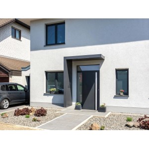 Modernes Gutta Rechteckvordach BS PLUS in Anthrazit mit Briefkasten und Seitenteil links.