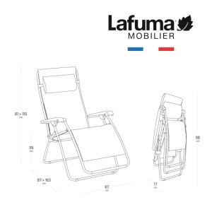 Lafuma RSXA Relaxliege: Technische Skizze mit Maßen im ausgeklappten und platzsparend zusammengeklappten Zustand.