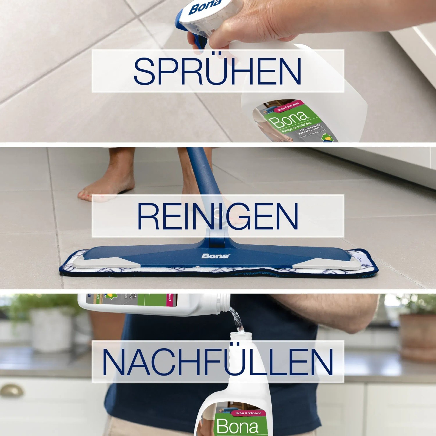 Bona Stein-, Fliesen- und Laminatreiniger Spray 1 l: Anwendung in 3 Schritten (Sprühen, Reinigen, Nachfüllen).