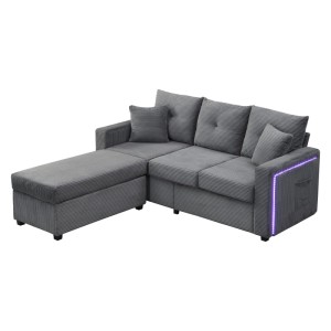 Graues L-Sofa aus Cordstoff mit LED-Beleuchtung an der Armlehne und modularem Ottoman. Bequemes 3-Sitzer Ecksofa.