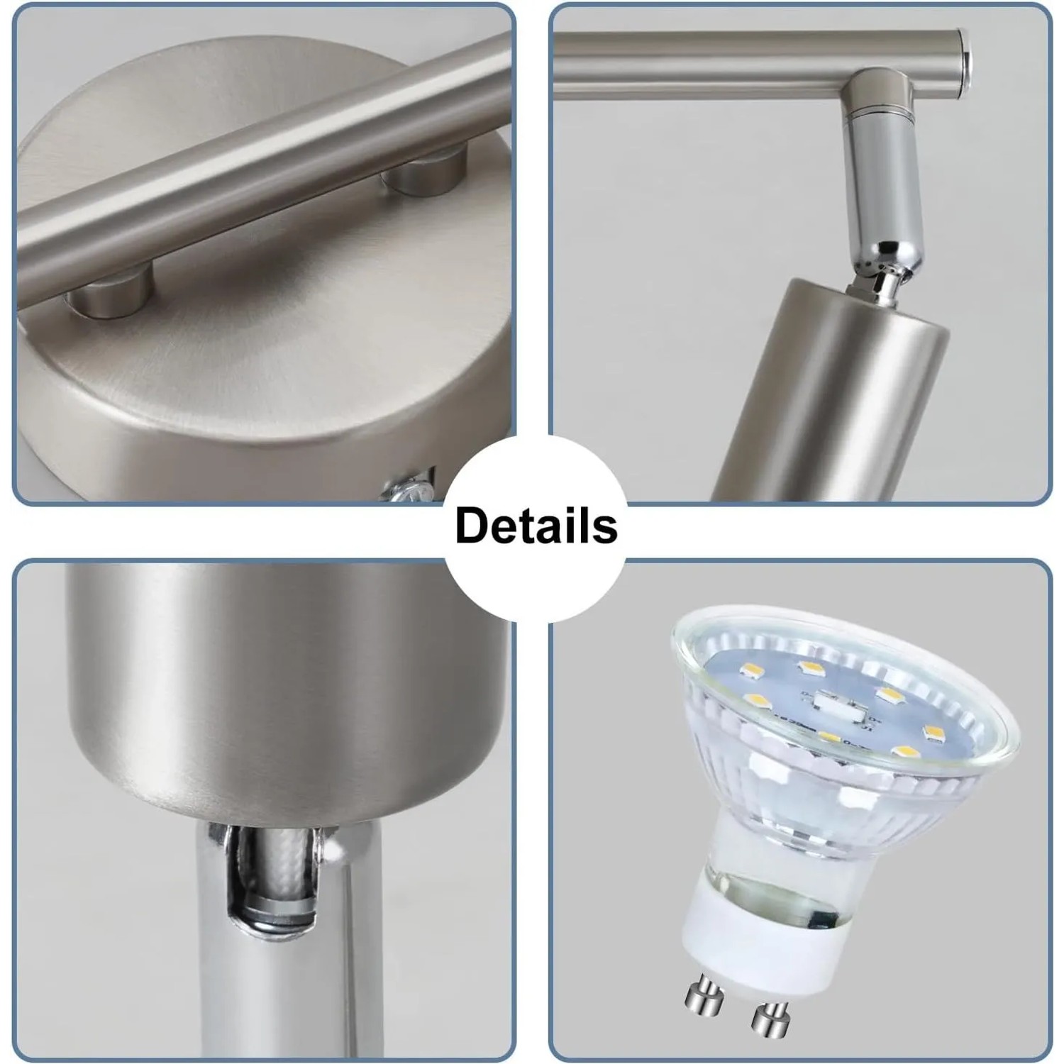 NETTLIFE Deckenstrahler L25 Silber: Details der flexiblen Metall-Spots und GU10-Fassung.