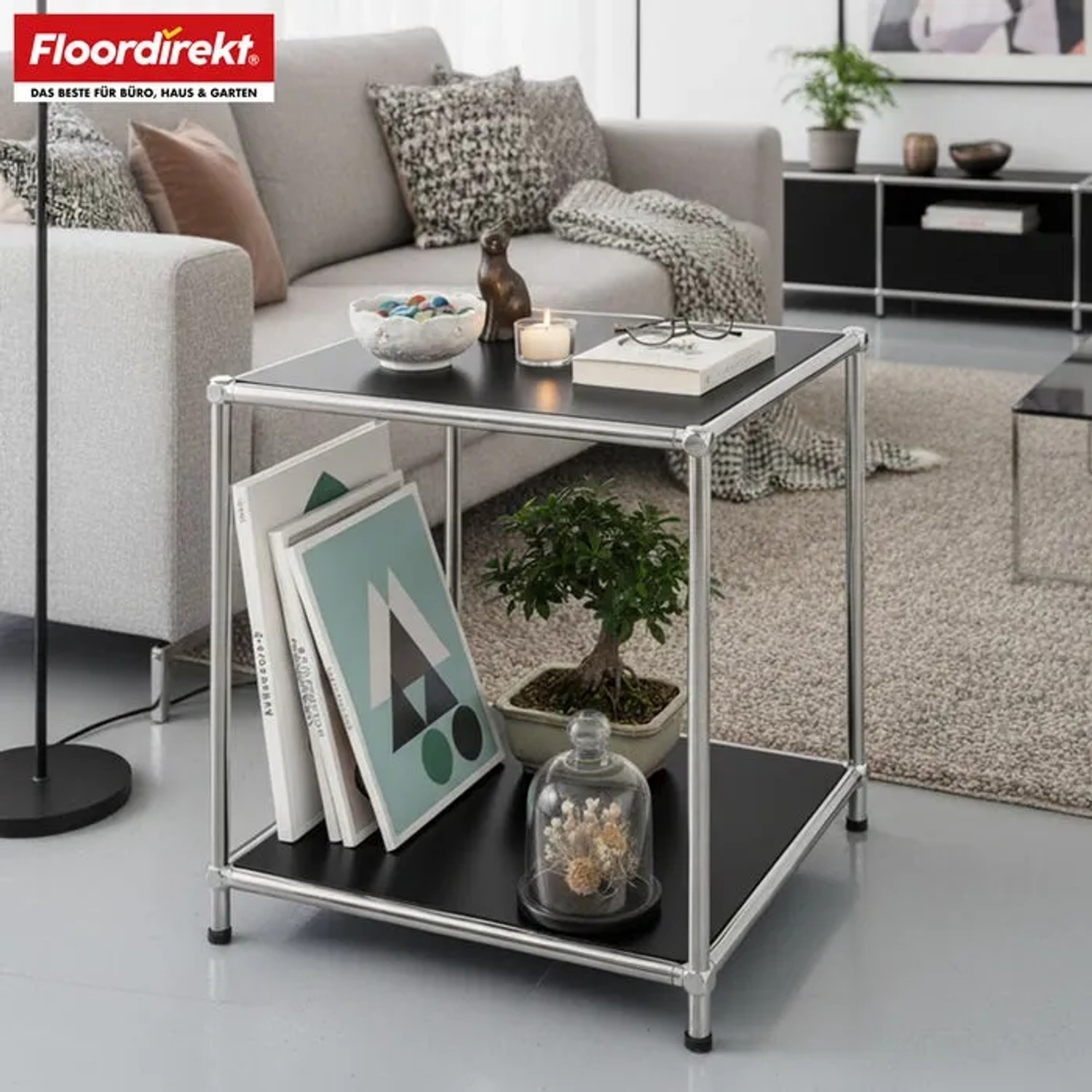 Floordirekt Metallregal Concept Epure MK-012, schwarzer Beistelltisch mit zwei Ablagen.