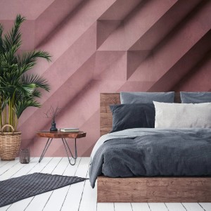 Rosa 3D Fototapete mit geometrischem Muster im Schlafzimmer.